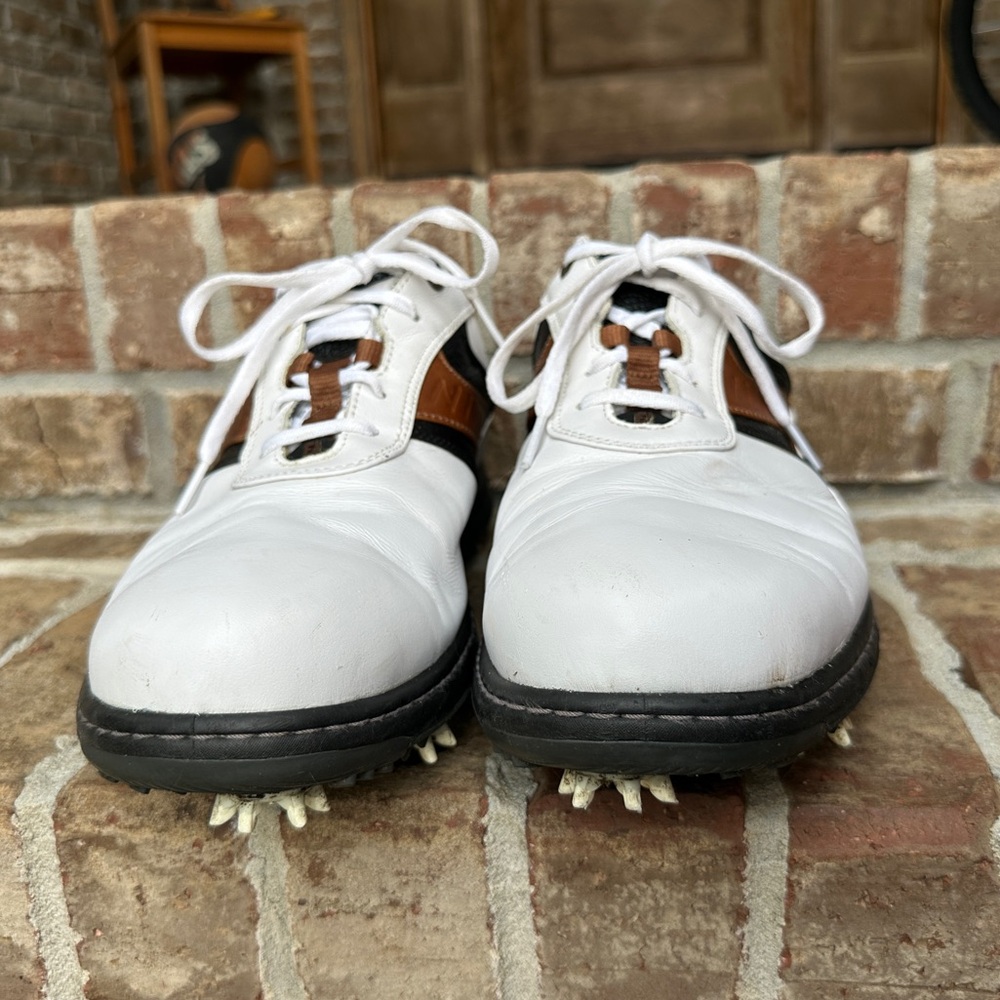 FJ FootJoy Men's Contour Leather Golf Shoes White Black Brown Size 12 Extra Wide - Picture 3 of 11